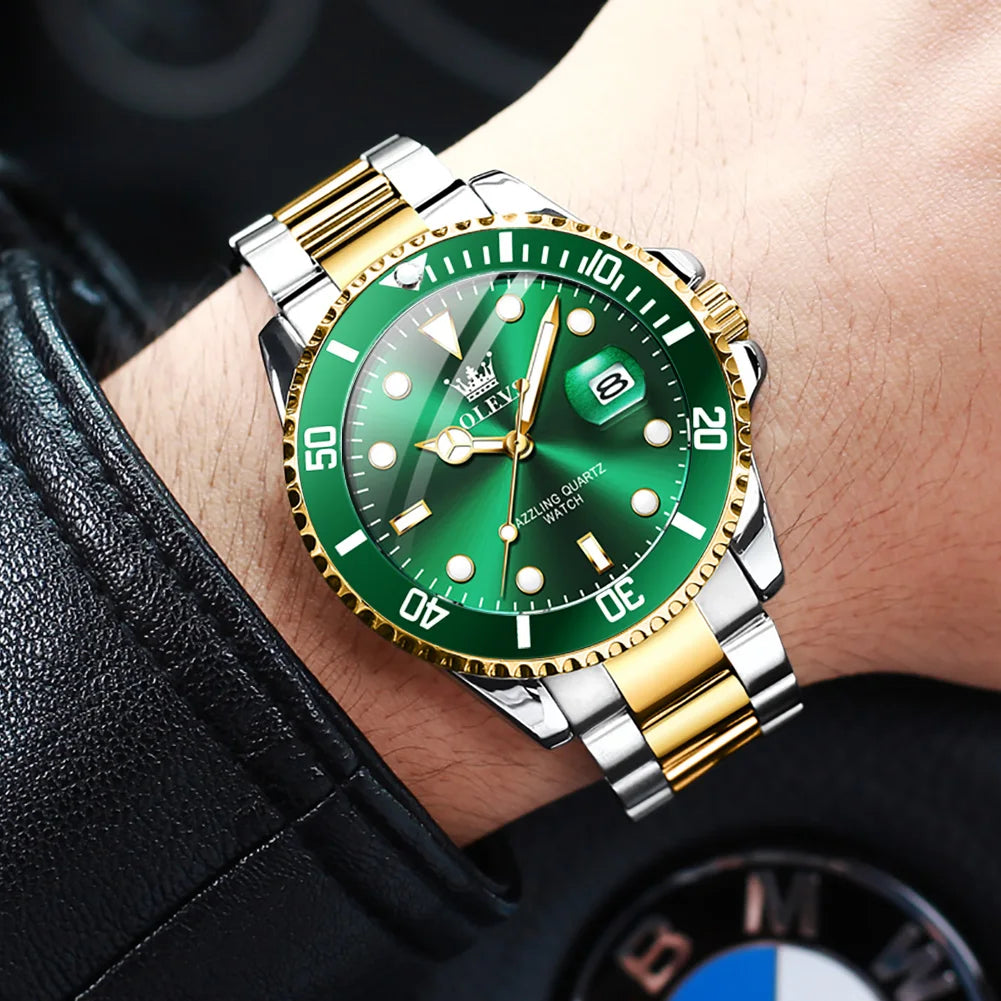 Top Brand Men Watch Green Luxury Fashion Waterproof Quartz Sports Stainless Steel Watches for Men Wristwatch Reloj Hombre + Box