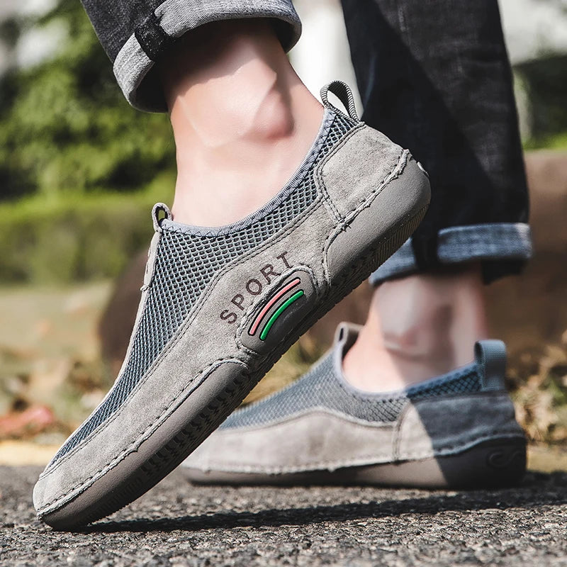 Men's Leather Slip-On Sneakers with Breathable Mesh for Outdoor Walking and Casual Leisure