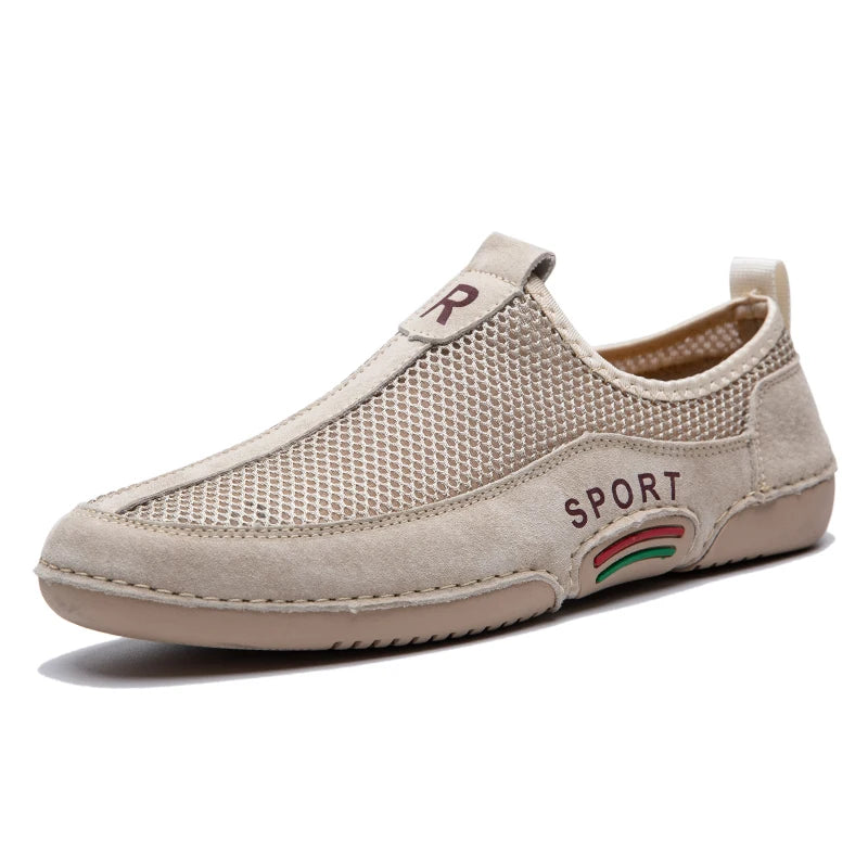 Men's Leather Slip-On Sneakers with Breathable Mesh for Outdoor Walking and Casual Leisure