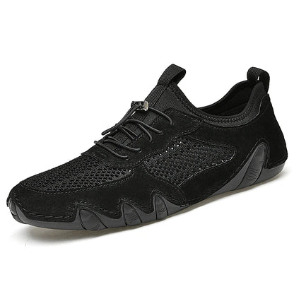 Men's Leather Slip-On Sneakers with Breathable Mesh for Outdoor Walking and Casual Leisure