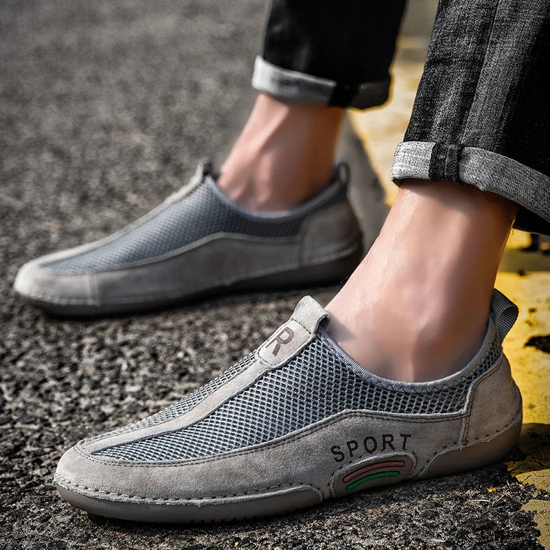 Men's Leather Slip-On Sneakers with Breathable Mesh for Outdoor Walking and Casual Leisure