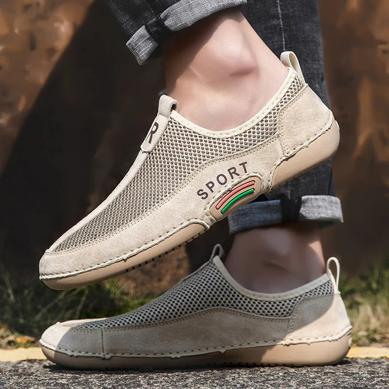 Men's Leather Slip-On Sneakers with Breathable Mesh for Outdoor Walking and Casual Leisure
