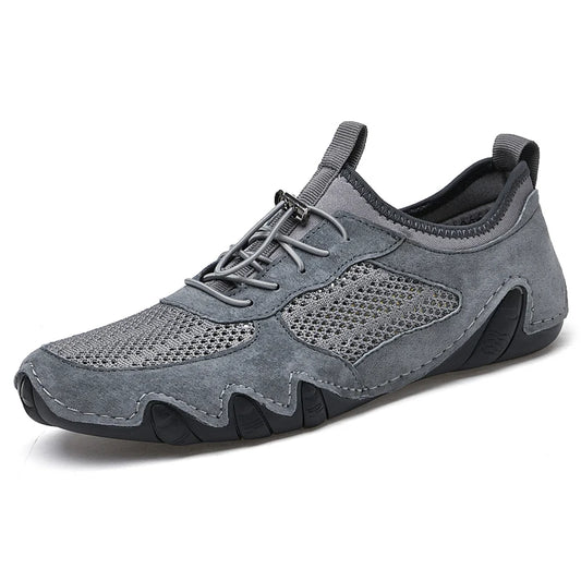 Men's Leather Slip-On Sneakers with Breathable Mesh for Outdoor Walking and Casual Leisure