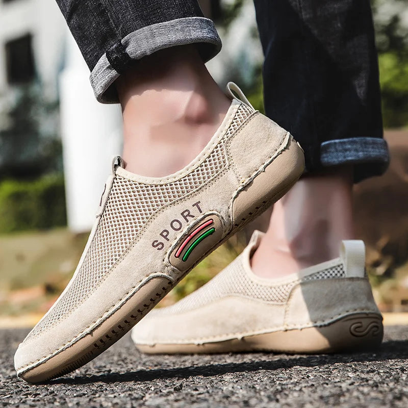Men's Leather Slip-On Sneakers with Breathable Mesh for Outdoor Walking and Casual Leisure