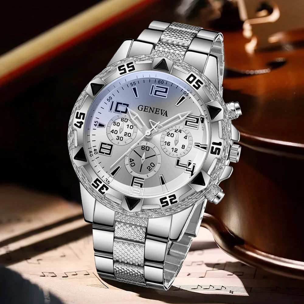 4PCS Men's Watch Set Business Trend Luxury Digital Scale Dial Quartz Watch Set Suitable for Daily Clothing Matching Perfect Gift