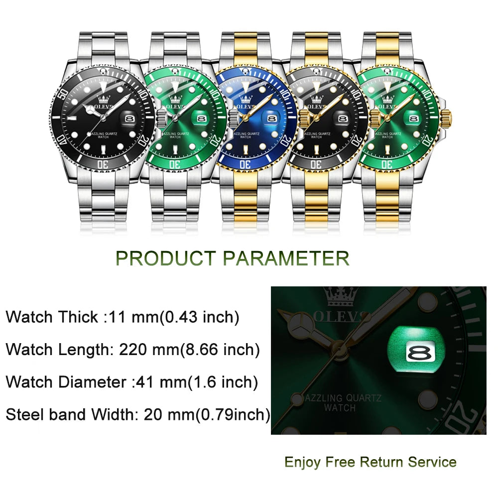 Top Brand Men Watch Green Luxury Fashion Waterproof Quartz Sports Stainless Steel Watches for Men Wristwatch Reloj Hombre + Box