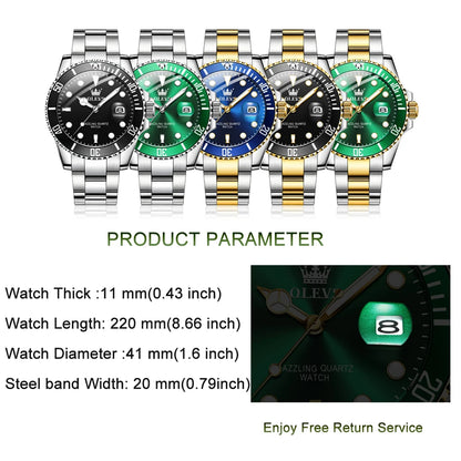 Top Brand Men Watch Green Luxury Fashion Waterproof Quartz Sports Stainless Steel Watches for Men Wristwatch Reloj Hombre + Box