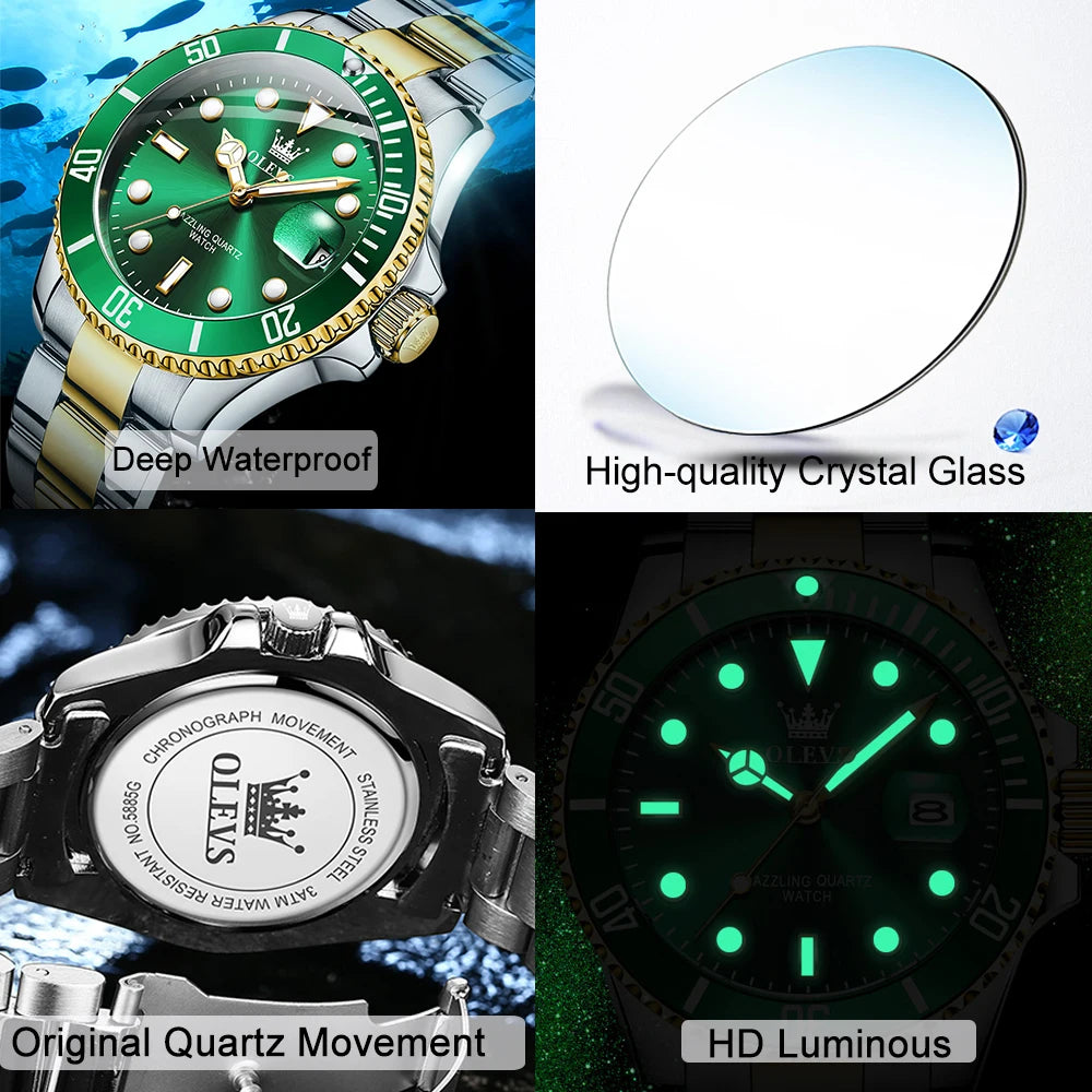 Top Brand Men Watch Green Luxury Fashion Waterproof Quartz Sports Stainless Steel Watches for Men Wristwatch Reloj Hombre + Box