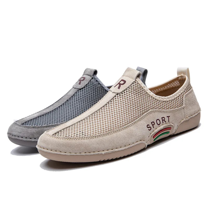 Men's Leather Slip-On Sneakers with Breathable Mesh for Outdoor Walking and Casual Leisure