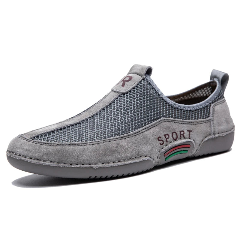 Men's Leather Slip-On Sneakers with Breathable Mesh for Outdoor Walking and Casual Leisure