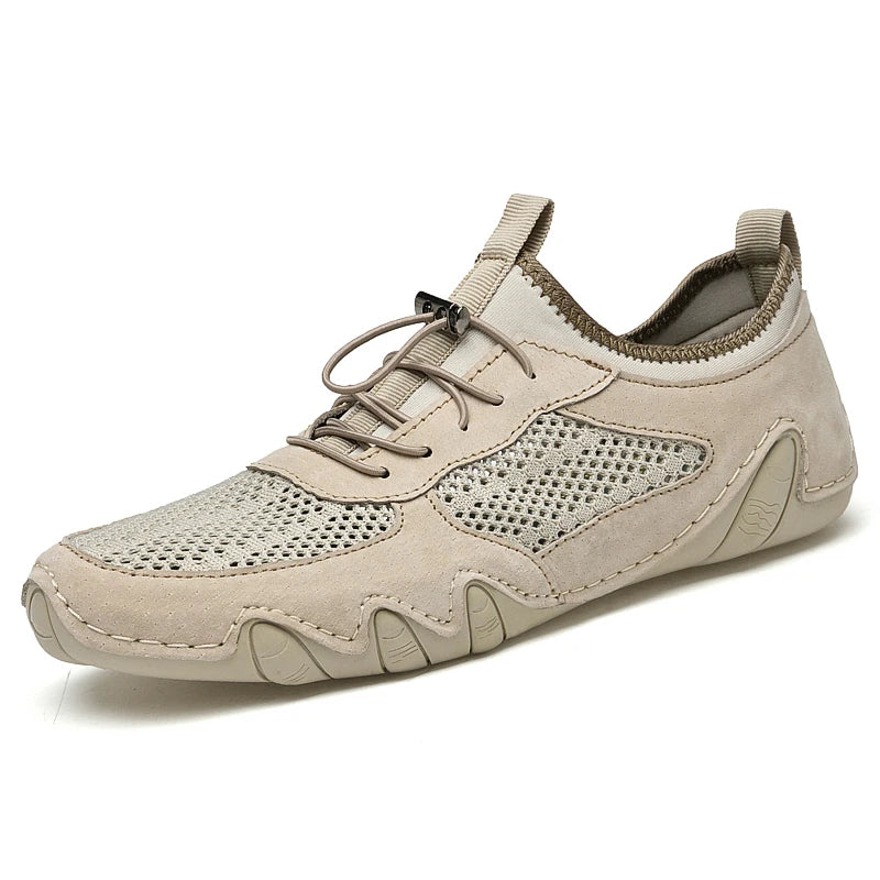 Men's Leather Slip-On Sneakers with Breathable Mesh for Outdoor Walking and Casual Leisure
