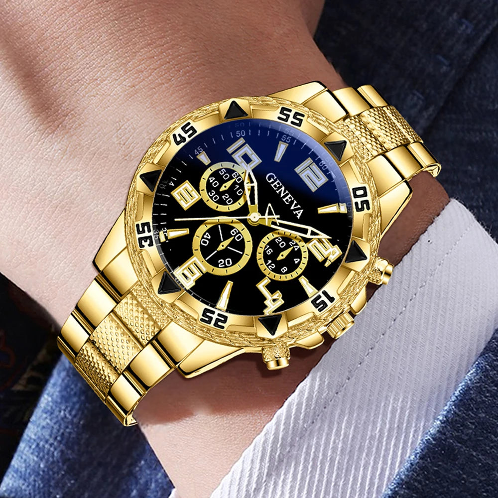 4PCS Men's Watch Set Business Trend Luxury Digital Scale Dial Quartz Watch Set Suitable for Daily Clothing Matching Perfect Gift